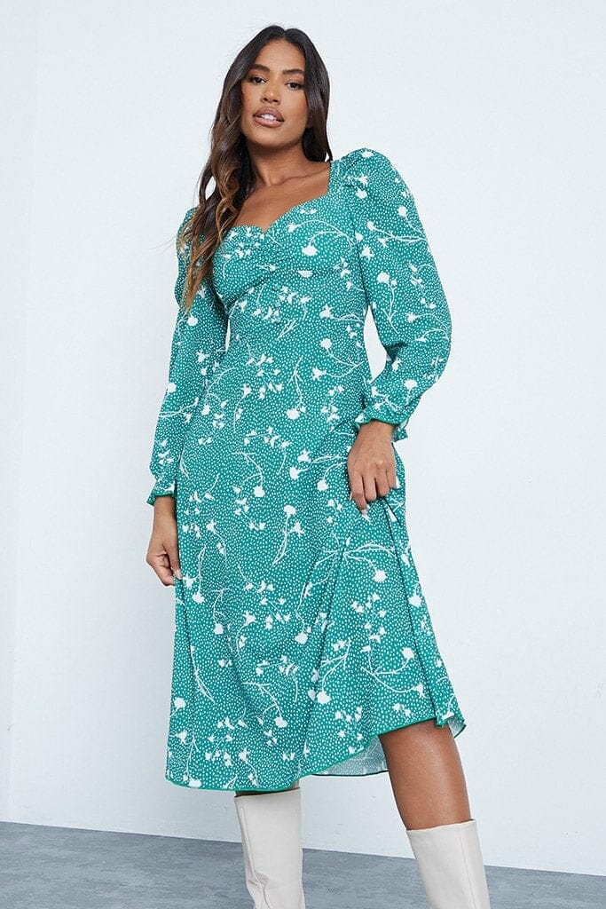 Green Sweetheart Floral Milkmaid Button Front Midi Dress - 4 / GREEN