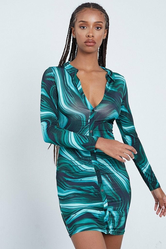 Green Swirl Print Button Front Long Sleeve Bodycon Dress - 4 / GREEN