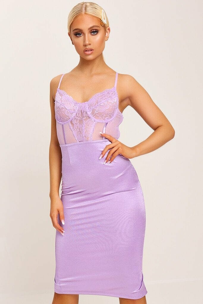 Lilac Lace Bustier Midi Dress - 6 / PURPLE