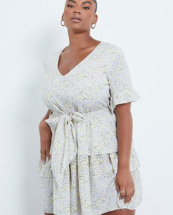 Lilac Plus Size Ditsy Floral Chiffon Tiered Skirt Mini Dress - 18 / PURPLE
