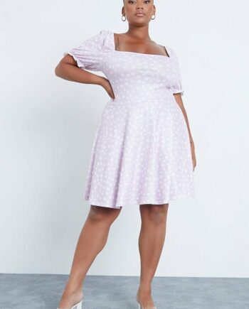 Lilac Plus Size Polka Dot Jersey Square Neck Skater Dress - 18 / PURPLE