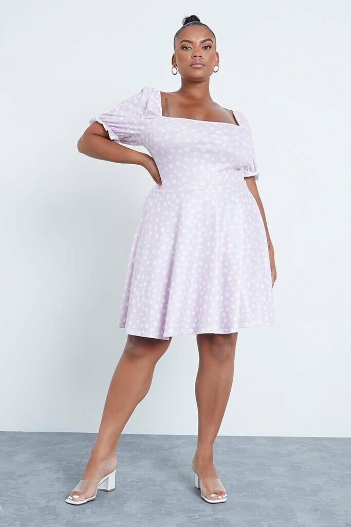 Lilac Plus Size Polka Dot Jersey Square Neck Skater Dress - 18 / PURPLE