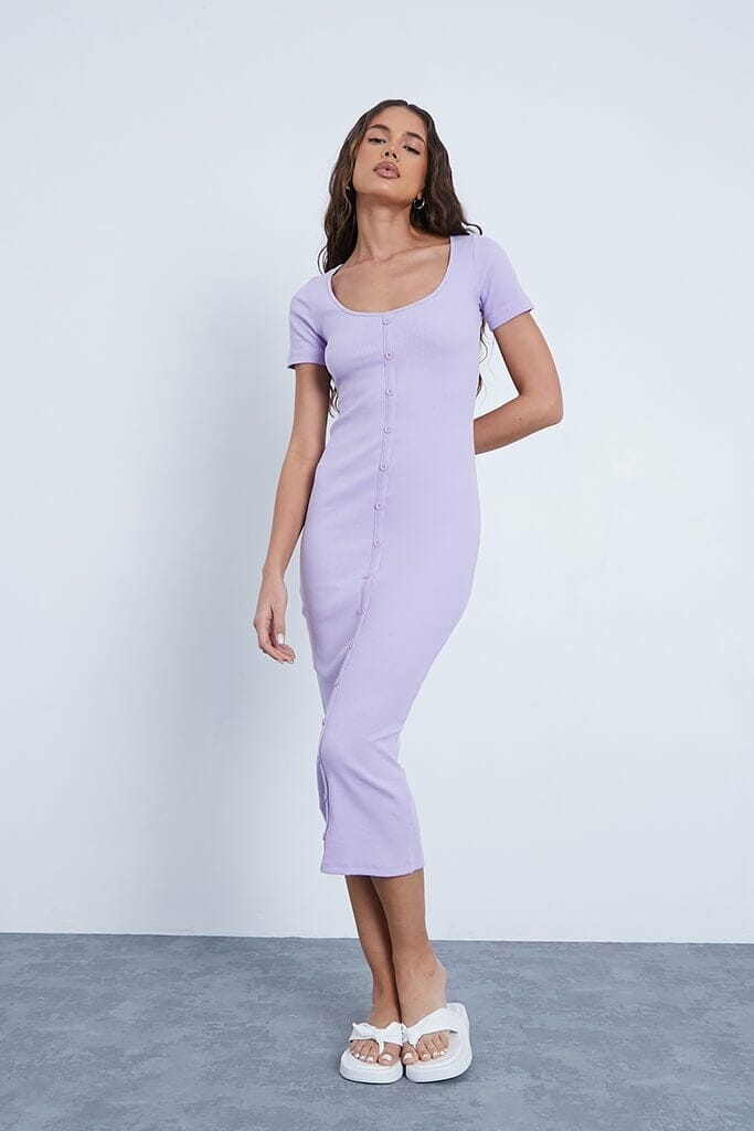 Lilac Rib Short Sleeve Button Down Bodycon Mini Dress - 4 / PURPLE