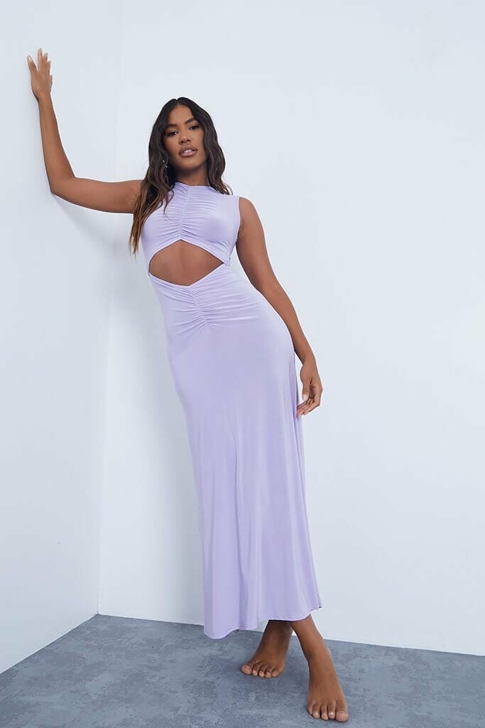 Lilac Slinky Ruched Cut Out Maxi Dress - 4 / PURPLE