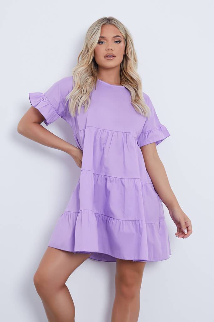 Lilac Woven Tiered Frill Sleeve Dress - 4 / PURPLE