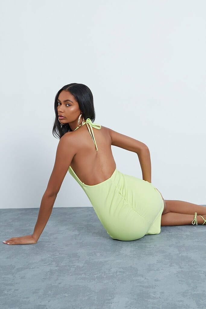 Lime Green Ribbed Halterneck Low Back Ruched Bodycon Dress - 4 / GREEN