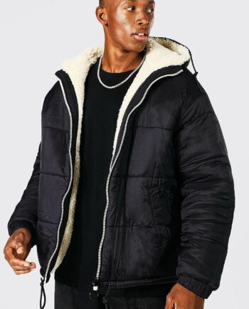 Mens Black Reversible Puffer Jacket With Borg Reverse, Black