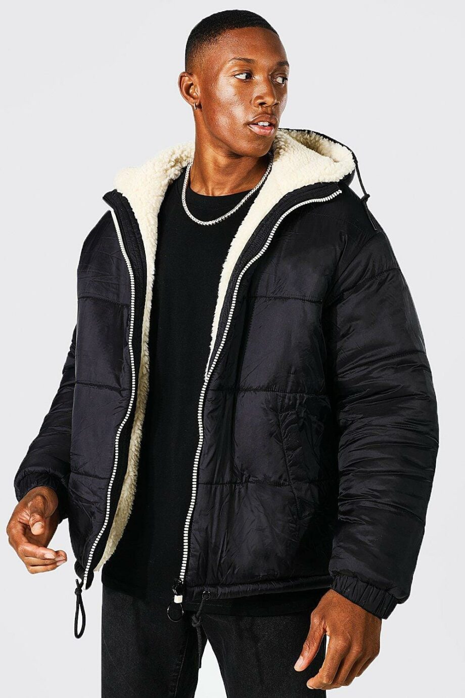 Mens Black Reversible Puffer Jacket With Borg Reverse, Black