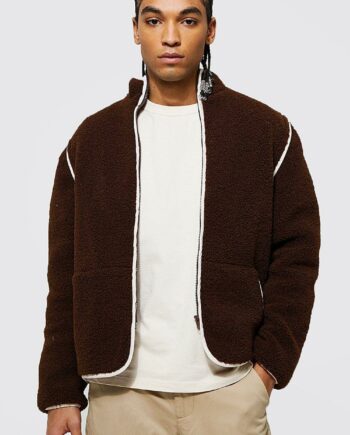 Mens Brown Borg Jacket With Binding & Detachable Sleeves, Brown