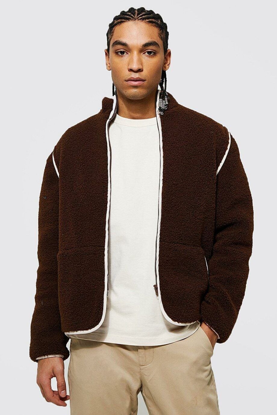 Mens Brown Borg Jacket With Binding & Detachable Sleeves, Brown