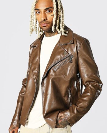 Mens Brown Chocolate Faux Leather Biker Jacket, Brown