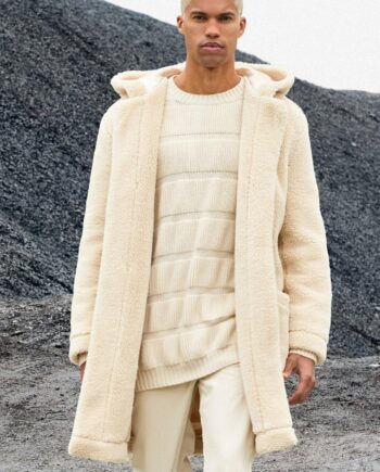 Mens Cream Borg Hooded Duffle Coat, Cream