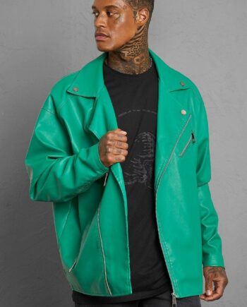 Mens Green Leather Look Oversized Biker Jacket, Green