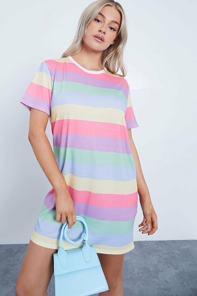 Multi Petite Rainbow Stripe Oversized T-Shirt Dress - 4 / MULTI