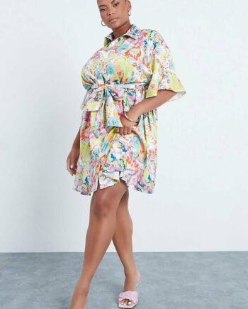 Multi Plus Size Printed Shirt Dress With Short Frill Sleeves - 18 / MULTI