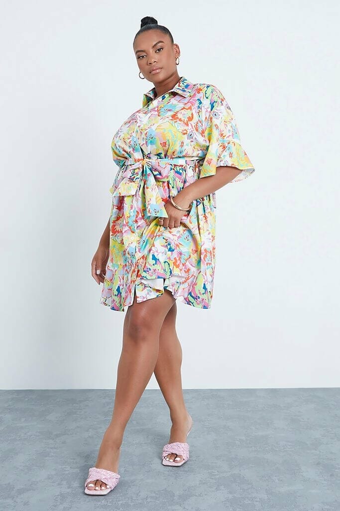 Multi Plus Size Printed Shirt Dress With Short Frill Sleeves - 18 / MULTI