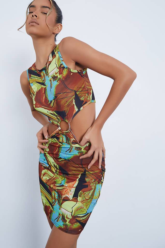 Multi Slinky Abstract Print Ring Front Cut Out Mini Dress - 4 / MULTI