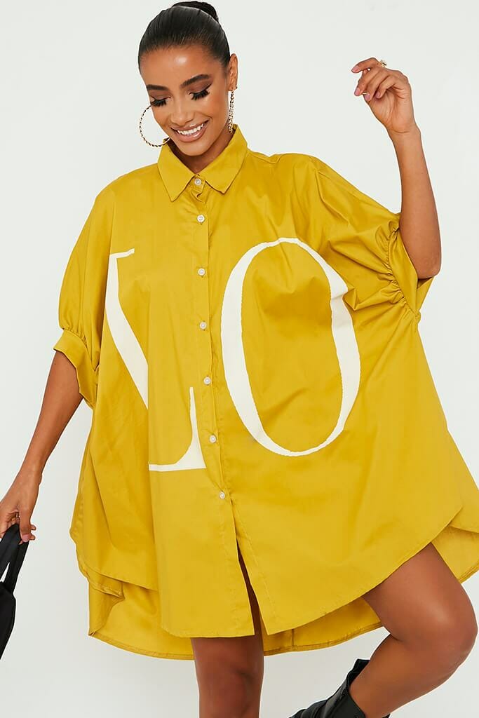 Mustard Oversized Printed Lo Shirt Dress - S/M / YELLOW