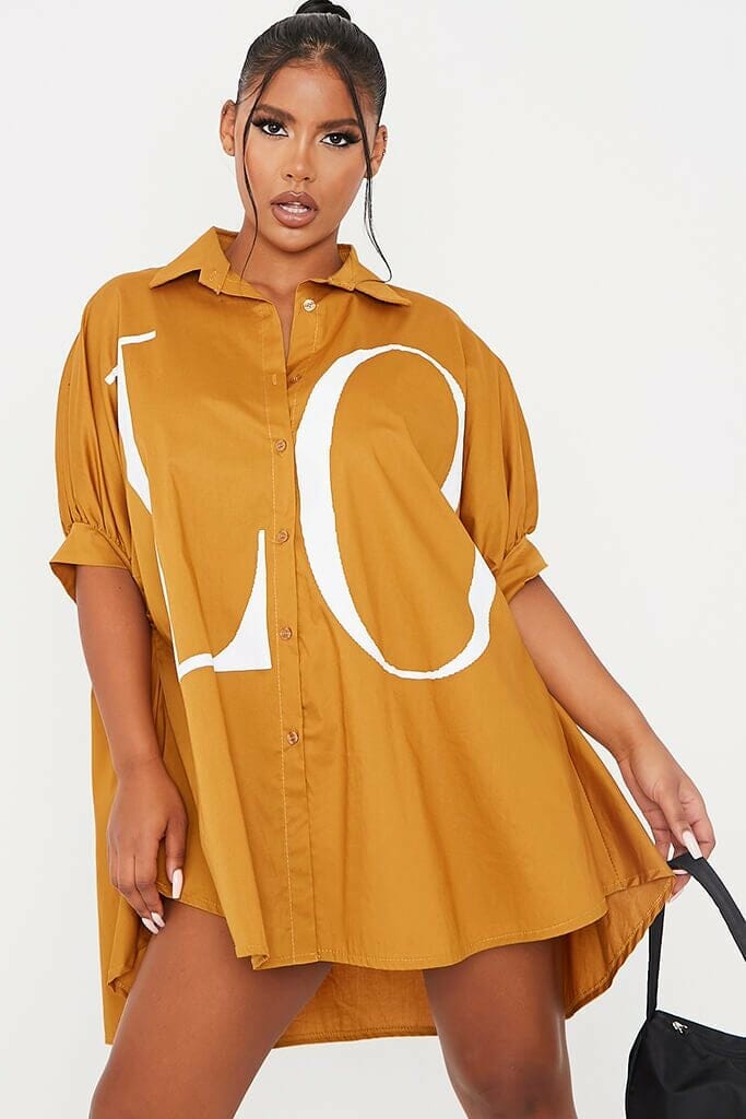 Mustard Oversized Printed Love Shirt Dress - S/M / YELLOW