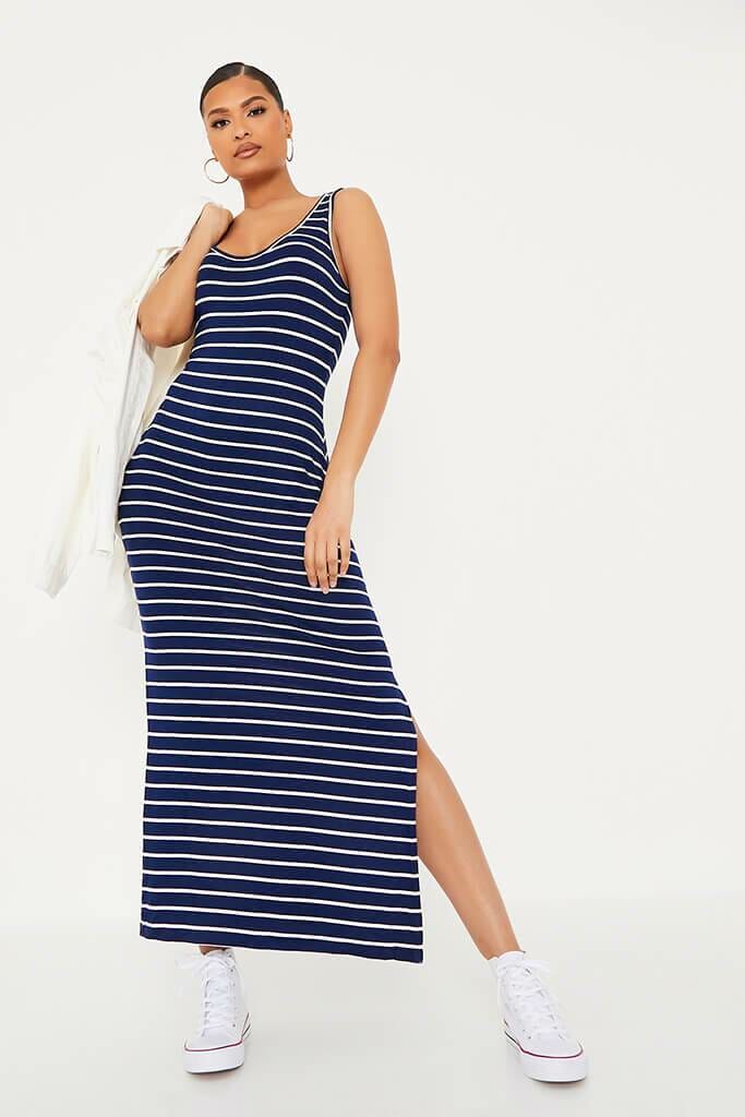Navy Cotton Scoop Neck Stripe Maxi Dress - XS / BLUE