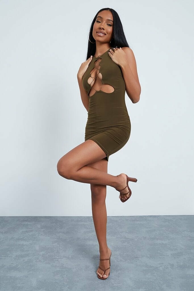 Olive Green Double Layer Slinky Racer Cut Out Lace Up Detail Bodycon Dress - 4