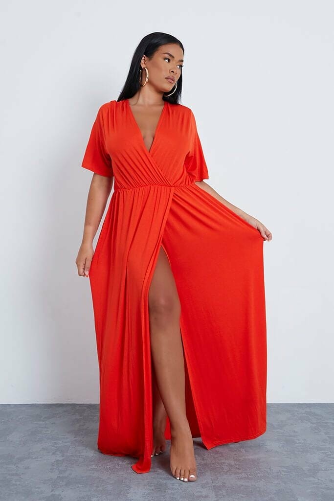 Orange Plus Size Flutter Sleeve Split Leg Maxi Dress - 18 / ORANGE