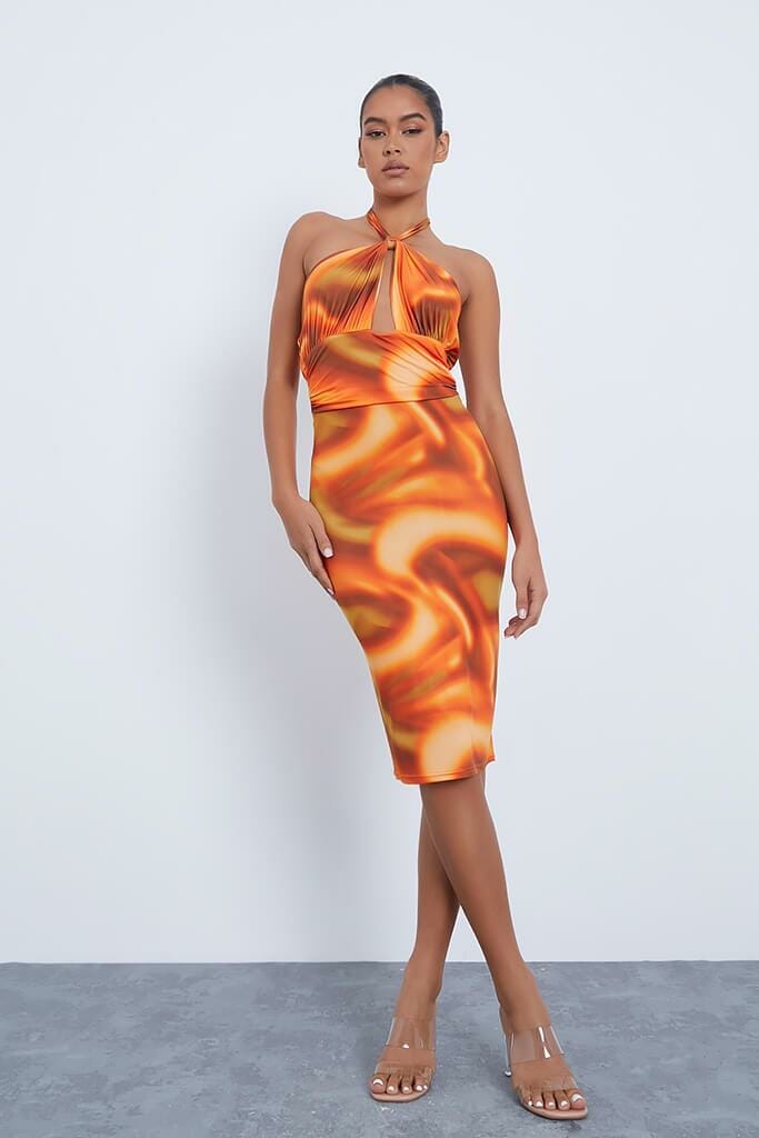 Orange Slinky Halterneck Knot Detail Bodycon Dress - 4 / ORANGE