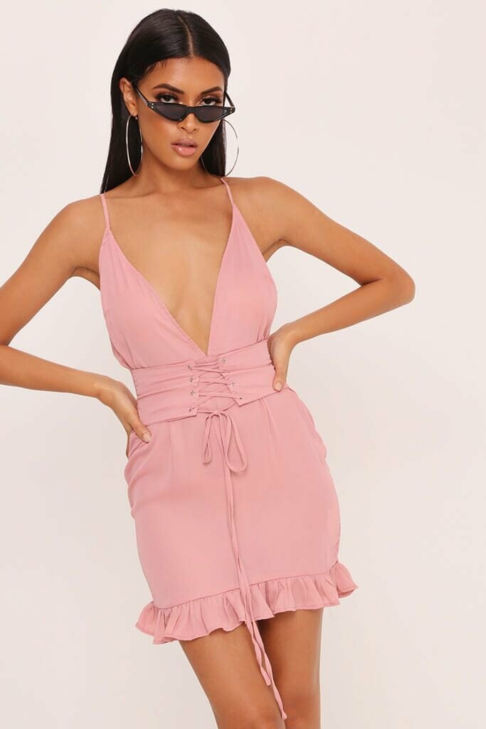 Pink Corset Waist Frill Hem Slip Dress - 6 / PINK