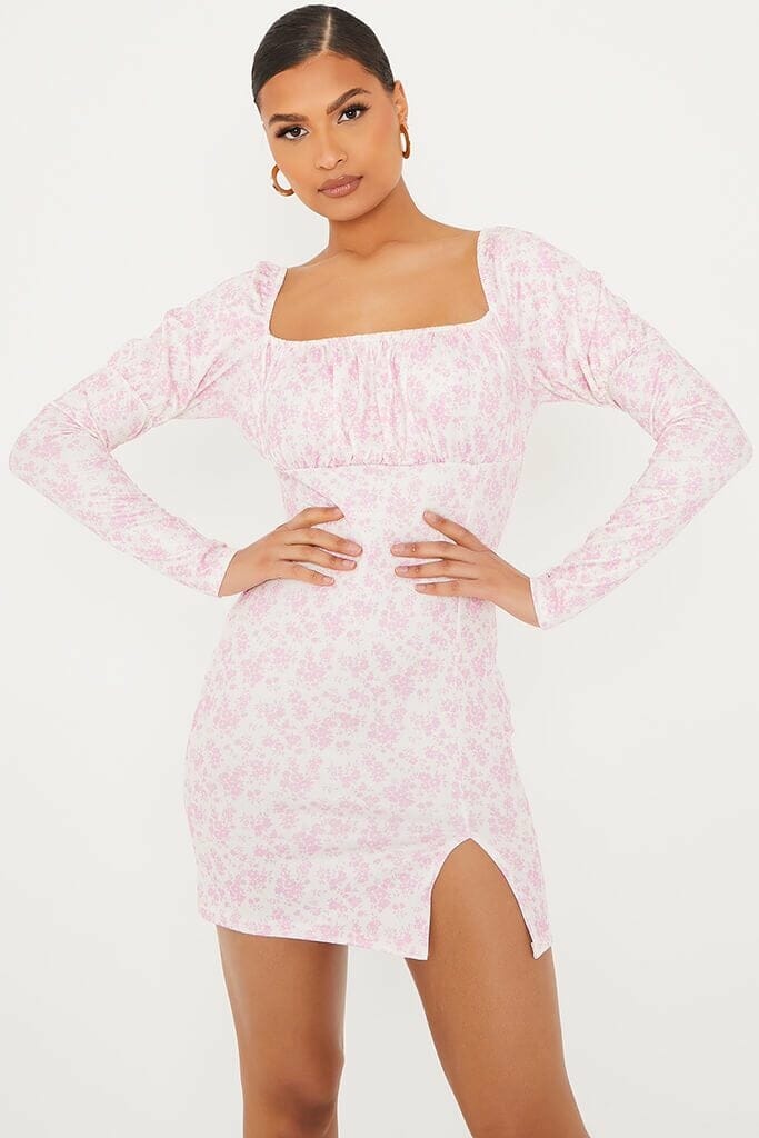 Pink Floral Ditsy Print Milk Maid Bodycon Dress - 4 / PINK