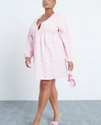 Pink Plus Size Broderie Anglaise Long Sleeve Smock Dress - 18 / PINK