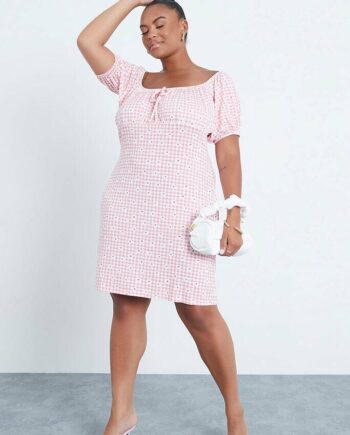 Pink Plus Size Gingham Floral Milk Maid Mini Dress - 18 / PINK