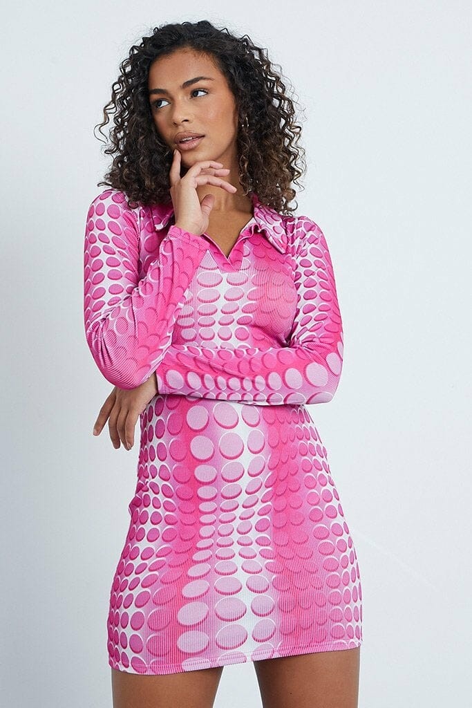 Pink Rib Illusion Open Collared Long Sleeve Bodycon Dress - 4 / PINK