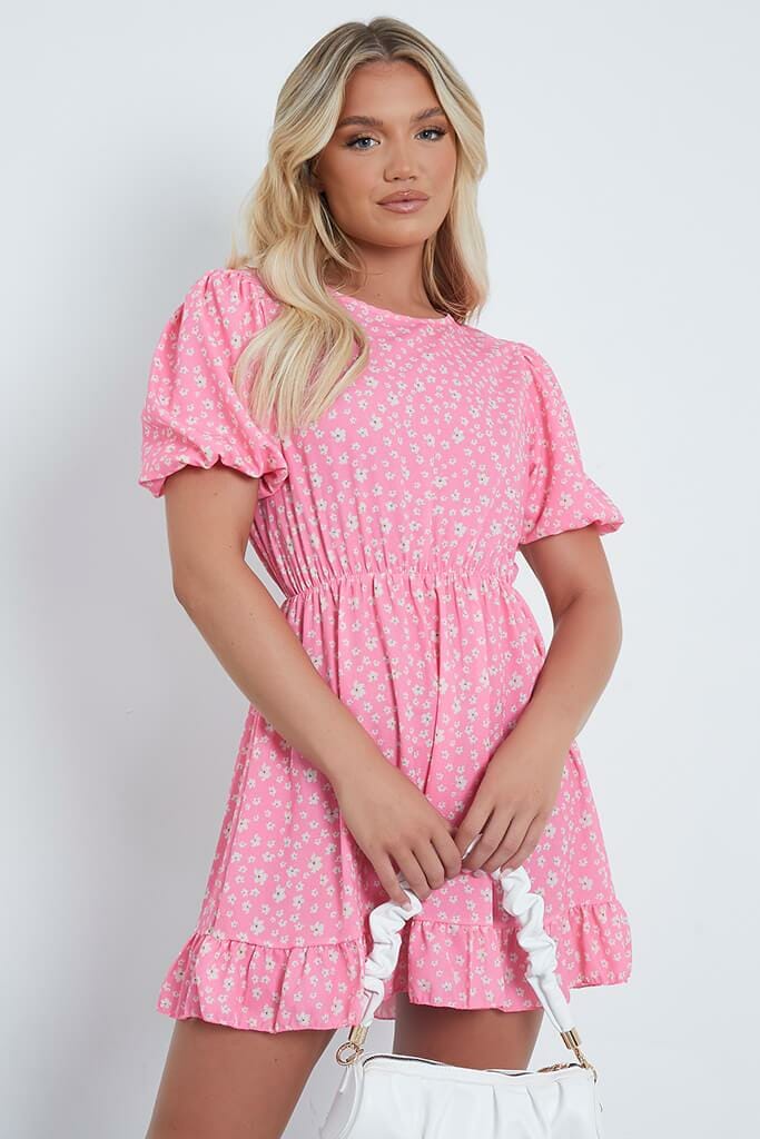 Pink Woven Floral Puff Ball Sleeve Smock Dress - 4 / PINK