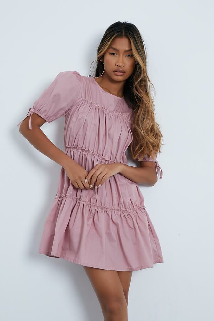 Pink Woven Frill Detail Tiered Smock Dress - 4 / PINK