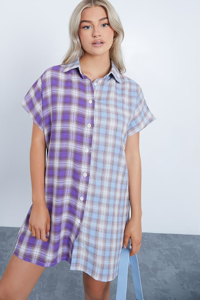 Purple Petite Checked Button Through Shirt Dress - 4 / PURPLE