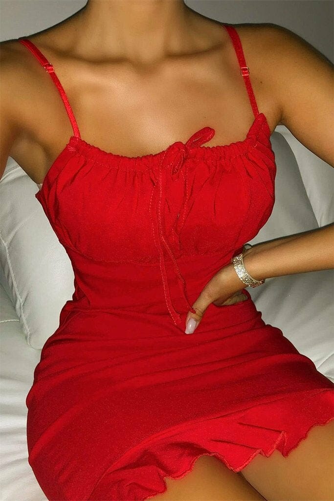Red Bengaline Halterneck Tie Detail Frill Hem Bodycon Dress - 4 / RED