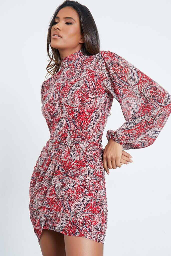 Red Chiffon Paisley Print High Neck Ruched Detail Long Sleeve Bodycon Dress - 4 / RED