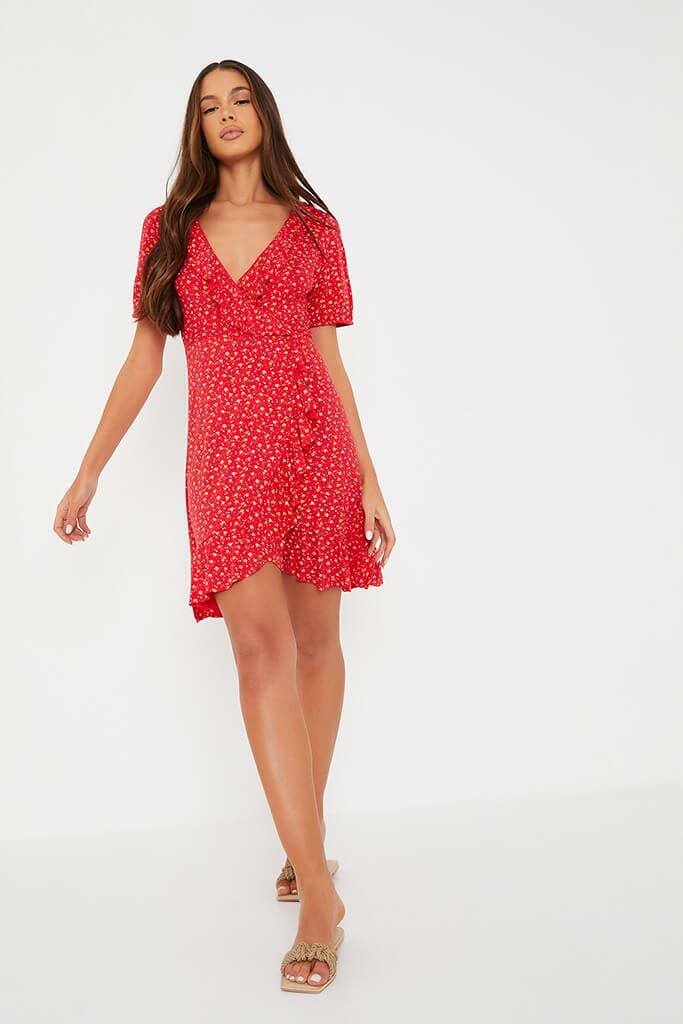 Red Ditsy Floral Wrap Jersey Tea Dress - 4 / RED