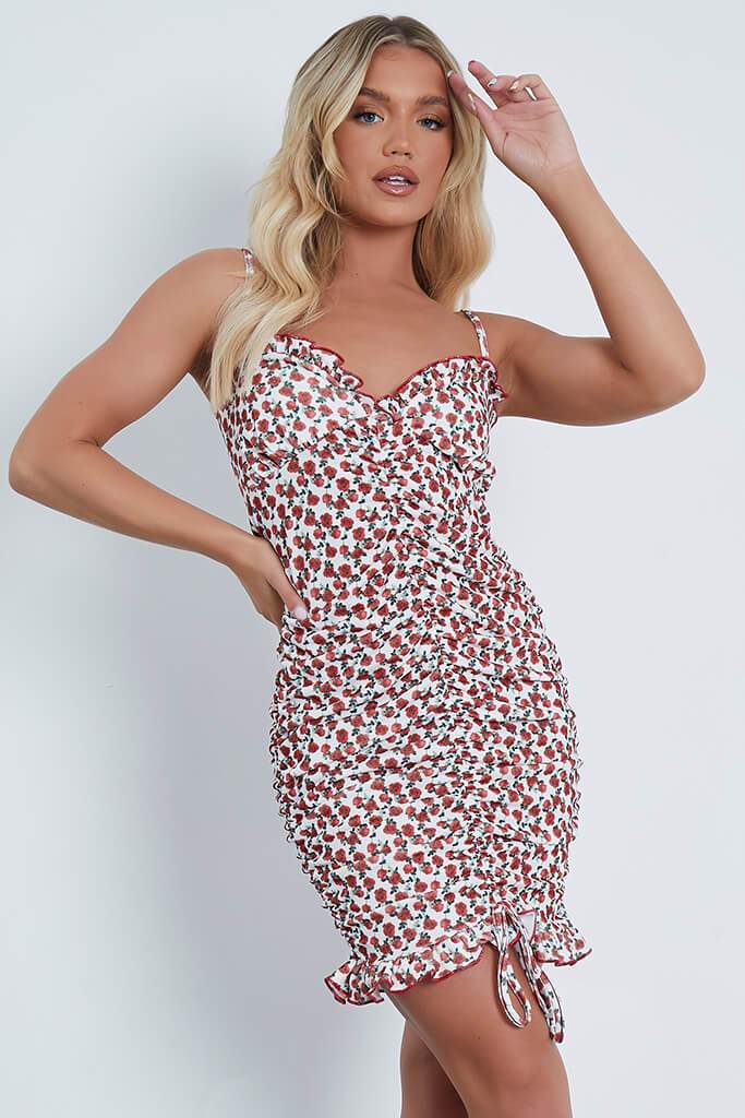 Red Floral Print Cami Frill Ruched Bodycon Dress - 4 / RED