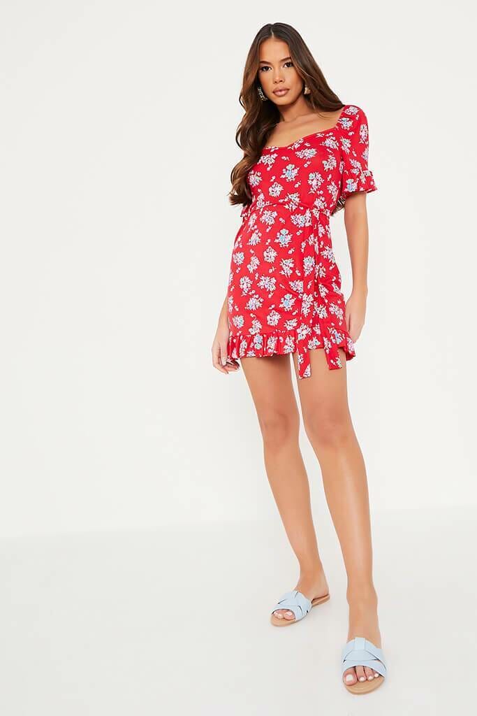 Red Floral Print Sweetheart Neck Belted Tea Dress - 4 / RED