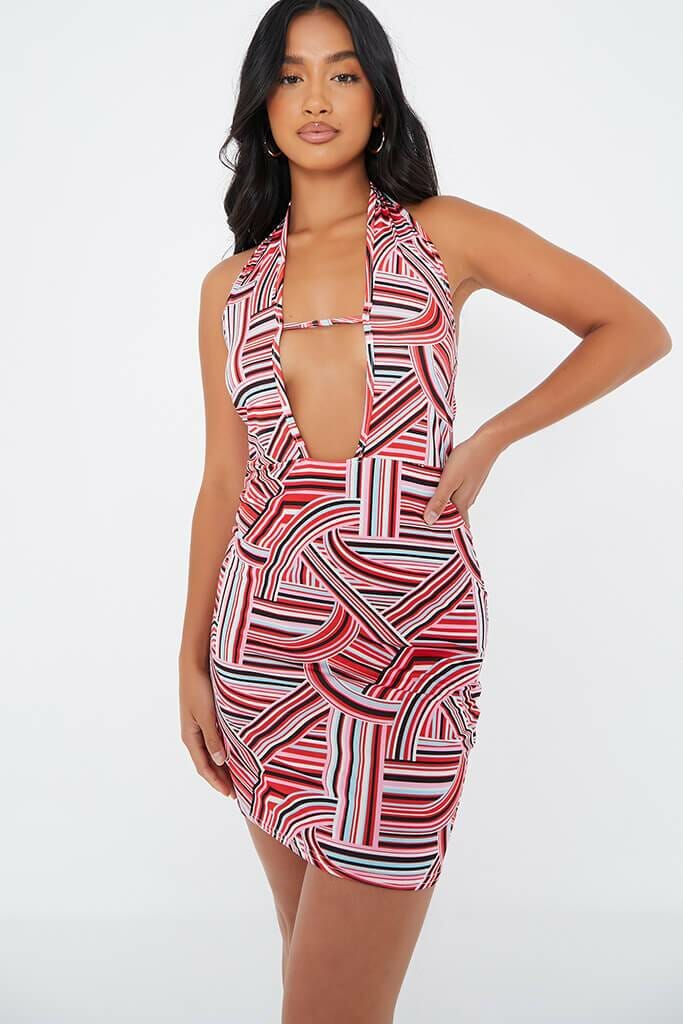 Red Petite Printed Halter Neck Cut Out Mini Dress - 4 / RED