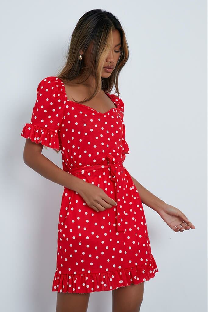 Red Polka Dot Puff Sleeve Skater Tea Dress - 4 / RED