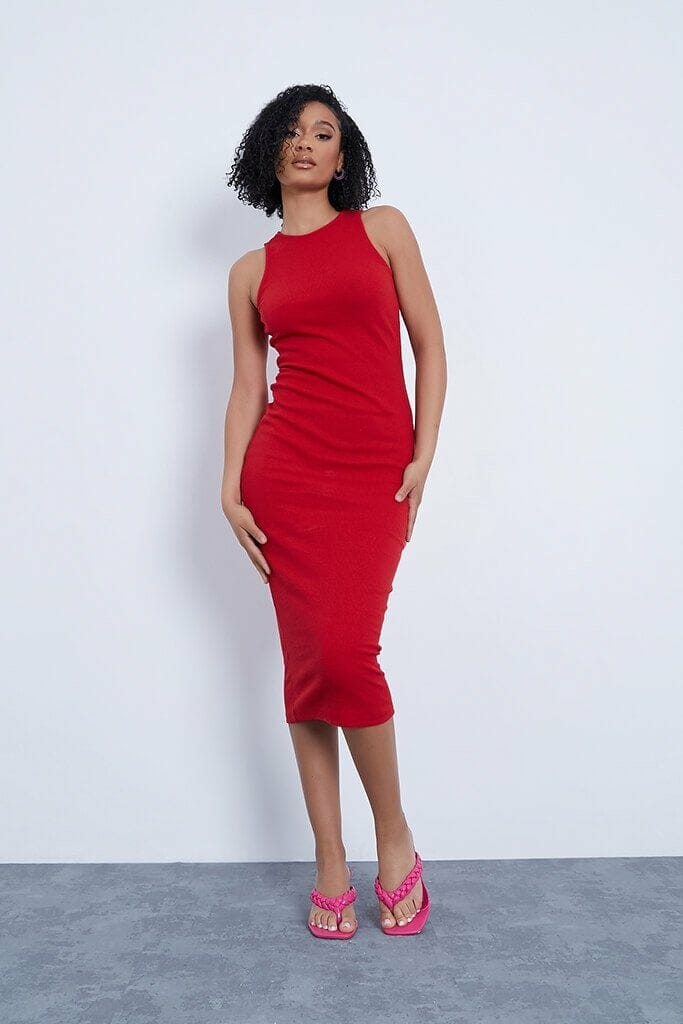 Red Ribbed Racer Bodycon Midaxi Dress - 4 / RED