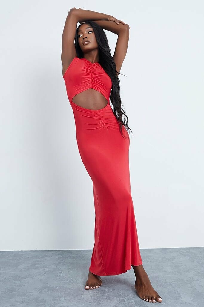 Red Slinky Ruched Cut Out Maxi Dress - 4 / RED