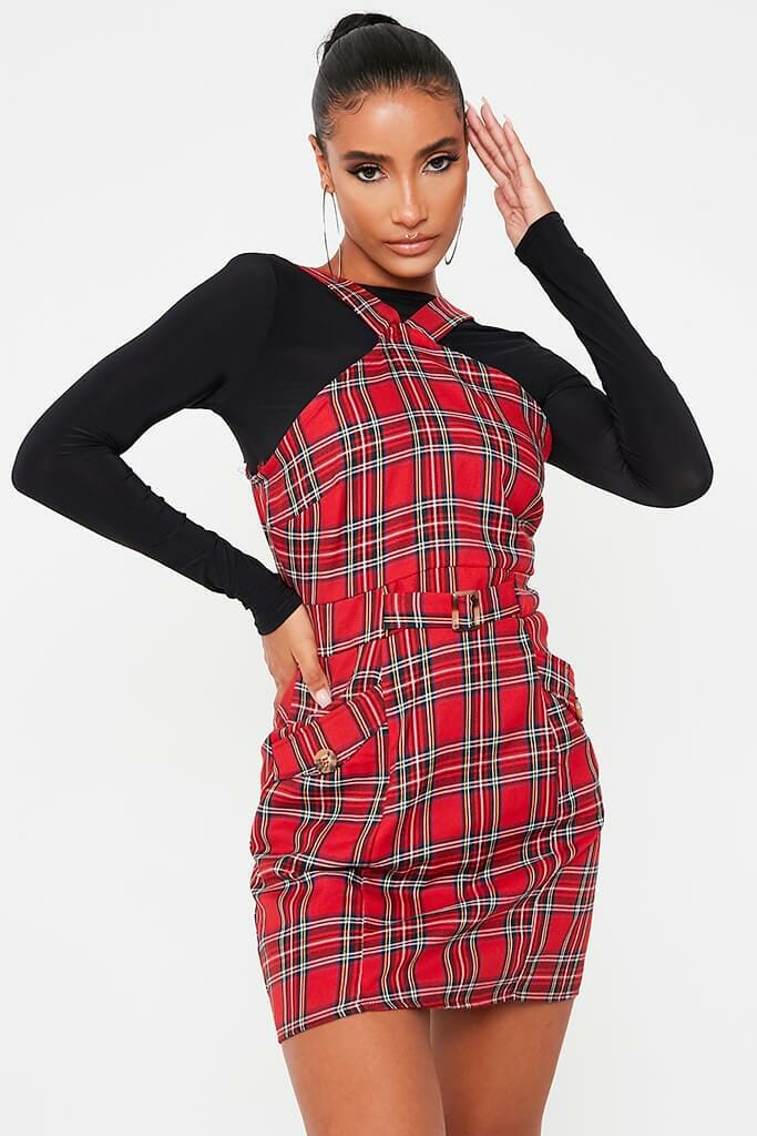 Red Woven Check Belted Halterneck Tie Waist Pinafore Dress - 4 / RED