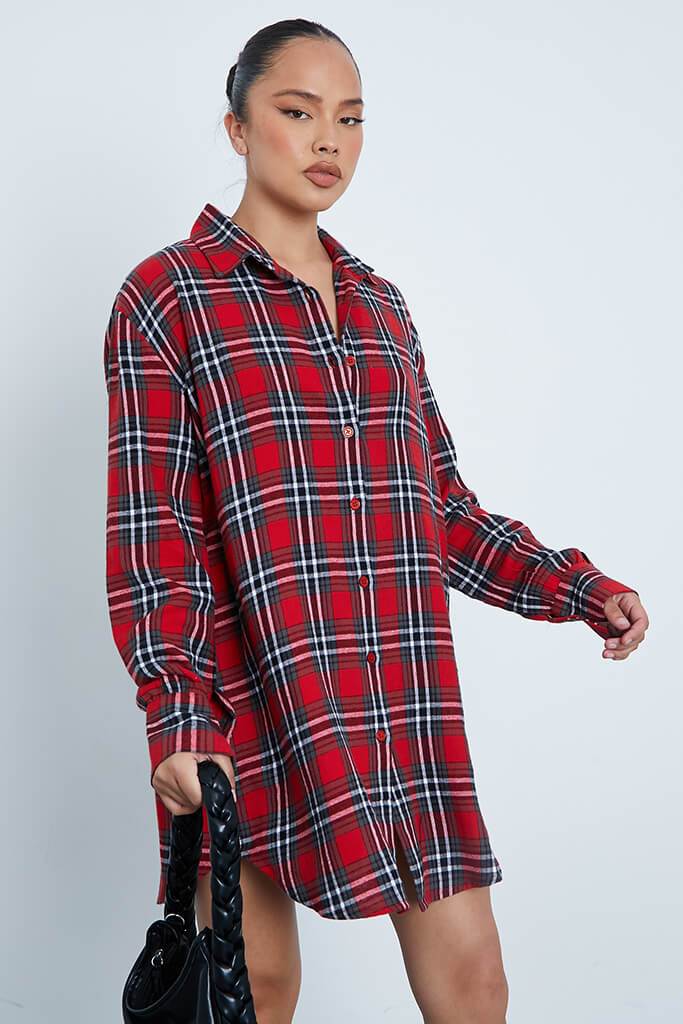 Red Woven Check Oversized Shirt Dress - 4 / RED