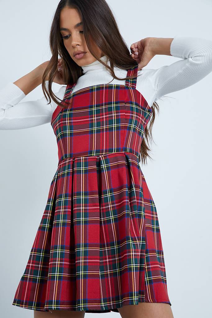 Red Woven Check Pleated Pinafore Dress - 4 / RED