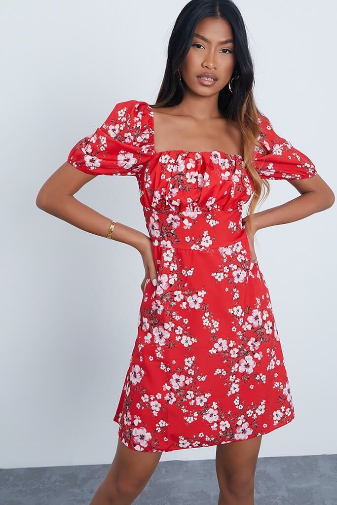 Red Woven Ditsy Floral Ruched Bust Puff Sleeve Skater Dress - 4 / RED