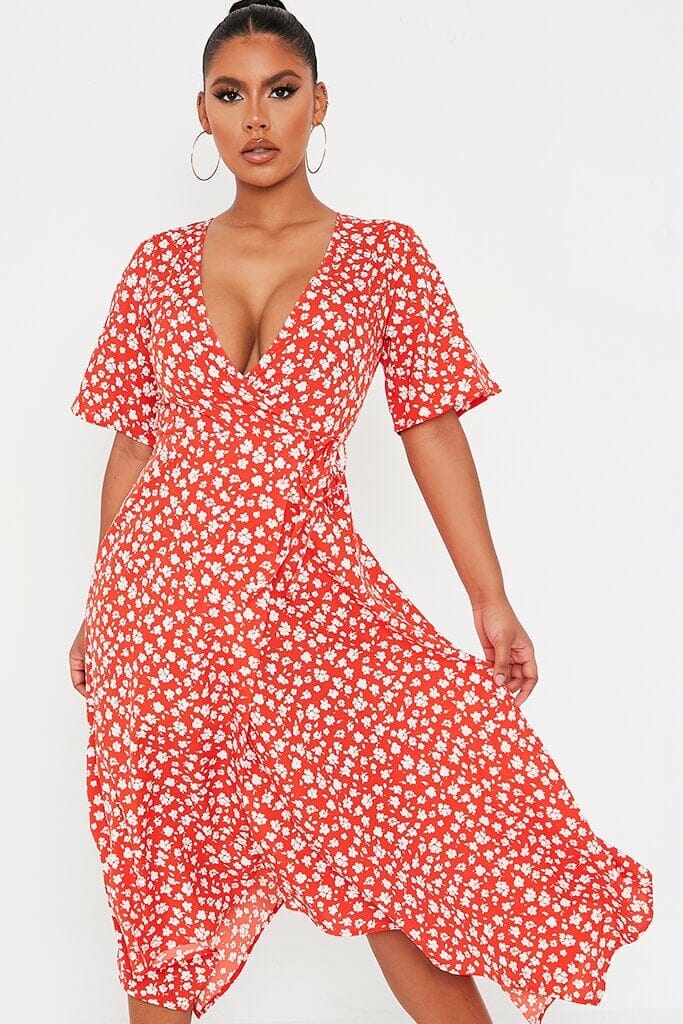Red Woven Ditsy Floral Short Sleeve Wrap Dress Red Woven Ditsy Floral Short Sleeve Wrap Dress - 4 / RED