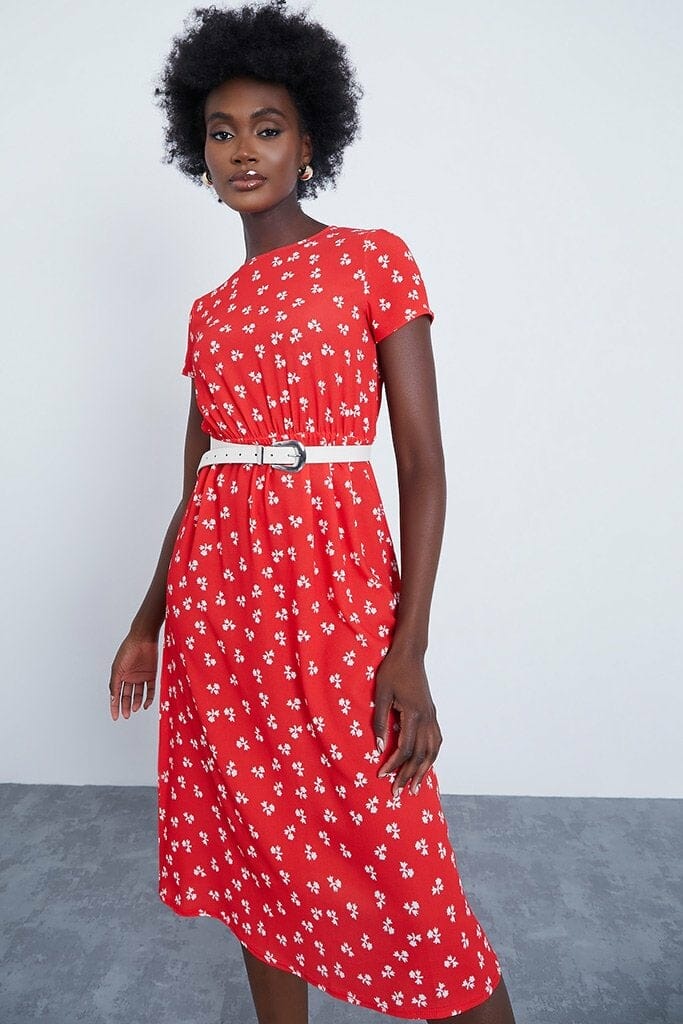 Red Woven Floral Print Short Sleeve Midi Smock Dress - 4 / RED